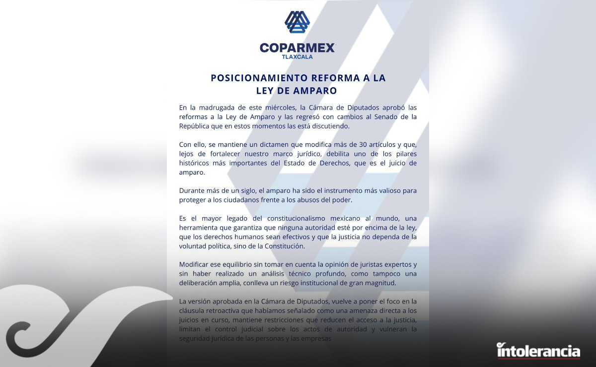COPARMEX Tlaxcala advierte riesgos por reforma a Ley de Amparo